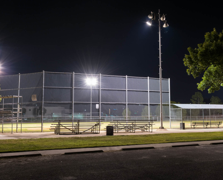 Baseball field at night lit with LED lights