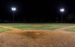 Baseball field lit with LED lights at night