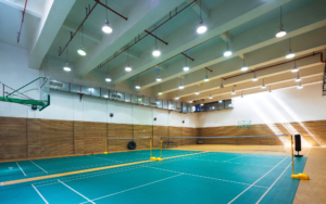 Inside view of a high school gym with led lighting