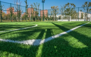 Ground view of a soccer field inside a park