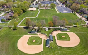 Overhead view of sporting fields inside a park