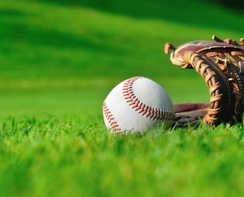 Side view of a baseball and baseball mitt laying in the grass