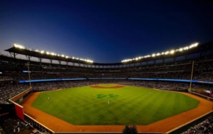 Wide view of stadium lights and the baseball field at Truist Park
